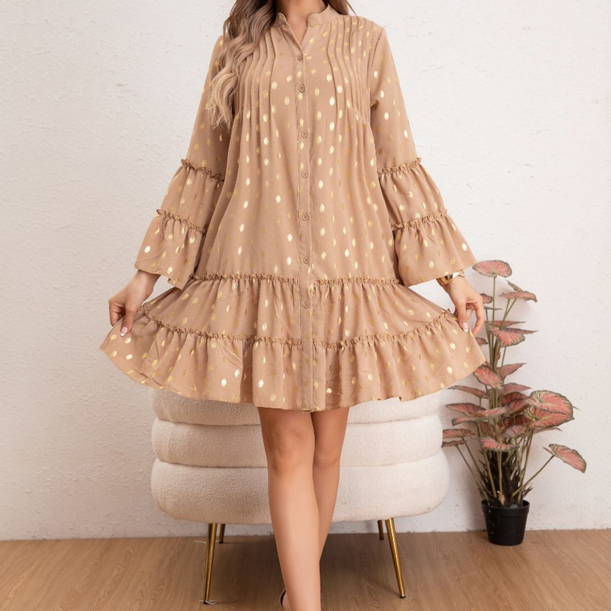 LIKE SHOP - Vestido Corto Mujer Manga Larga Ancha Diseño Puntos 0043