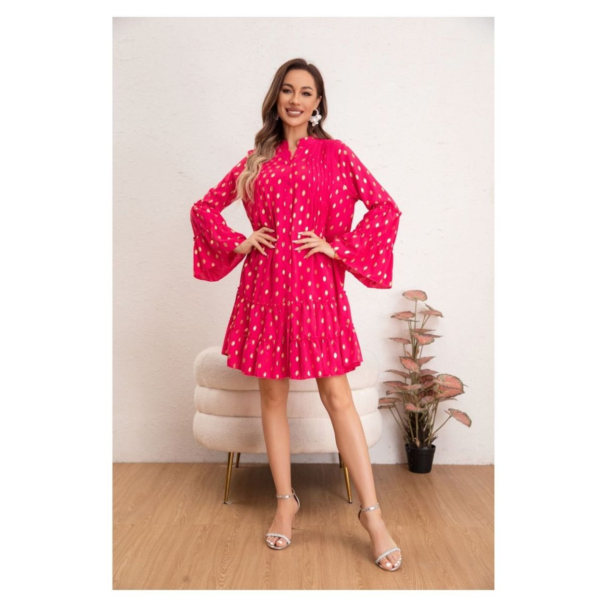 LIKE SHOP - Vestido Corto Mujer Manga Larga Ancha Diseño Puntos 0043