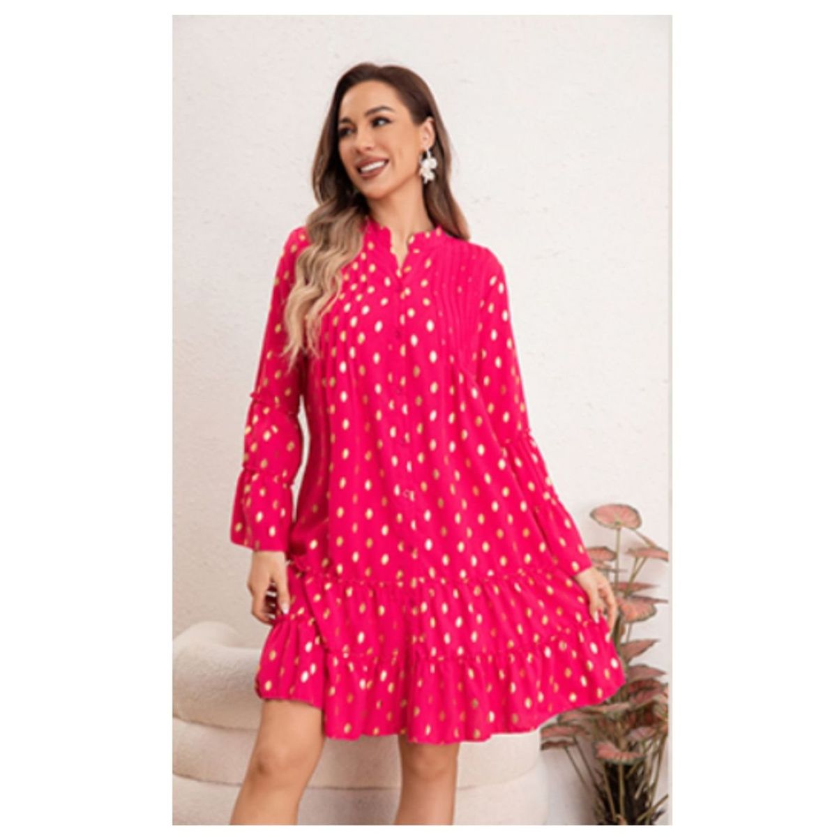 LIKE SHOP - Vestido Corto Mujer Manga Larga Ancha Diseño Puntos 0043