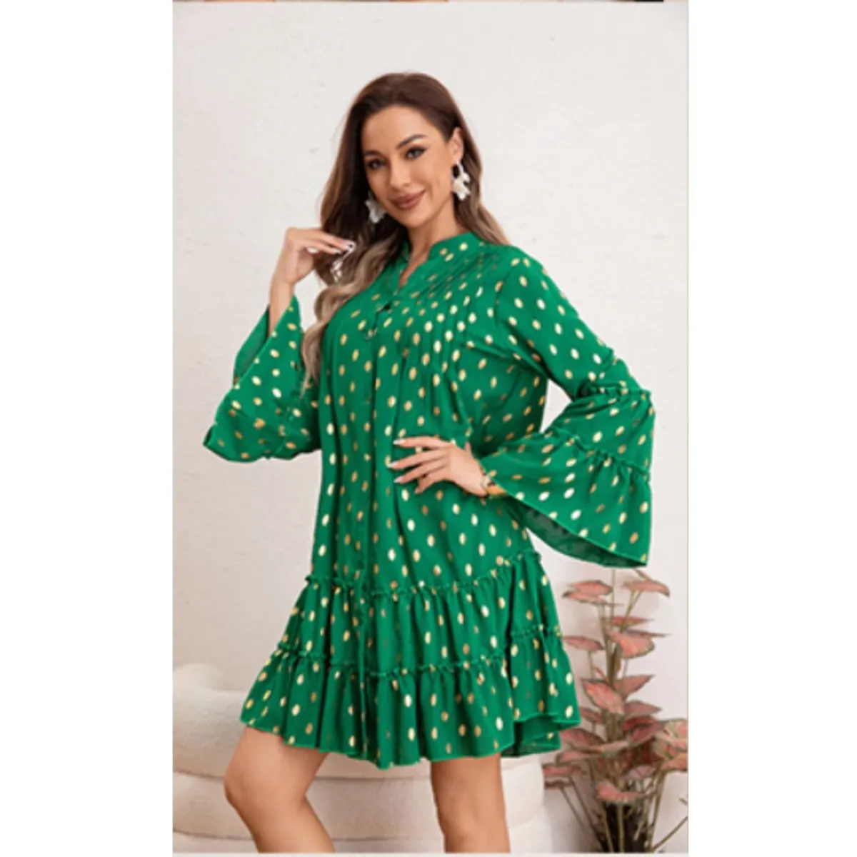 LIKE SHOP - Vestido Corto Mujer Manga Larga Ancha Diseño Puntos 0043