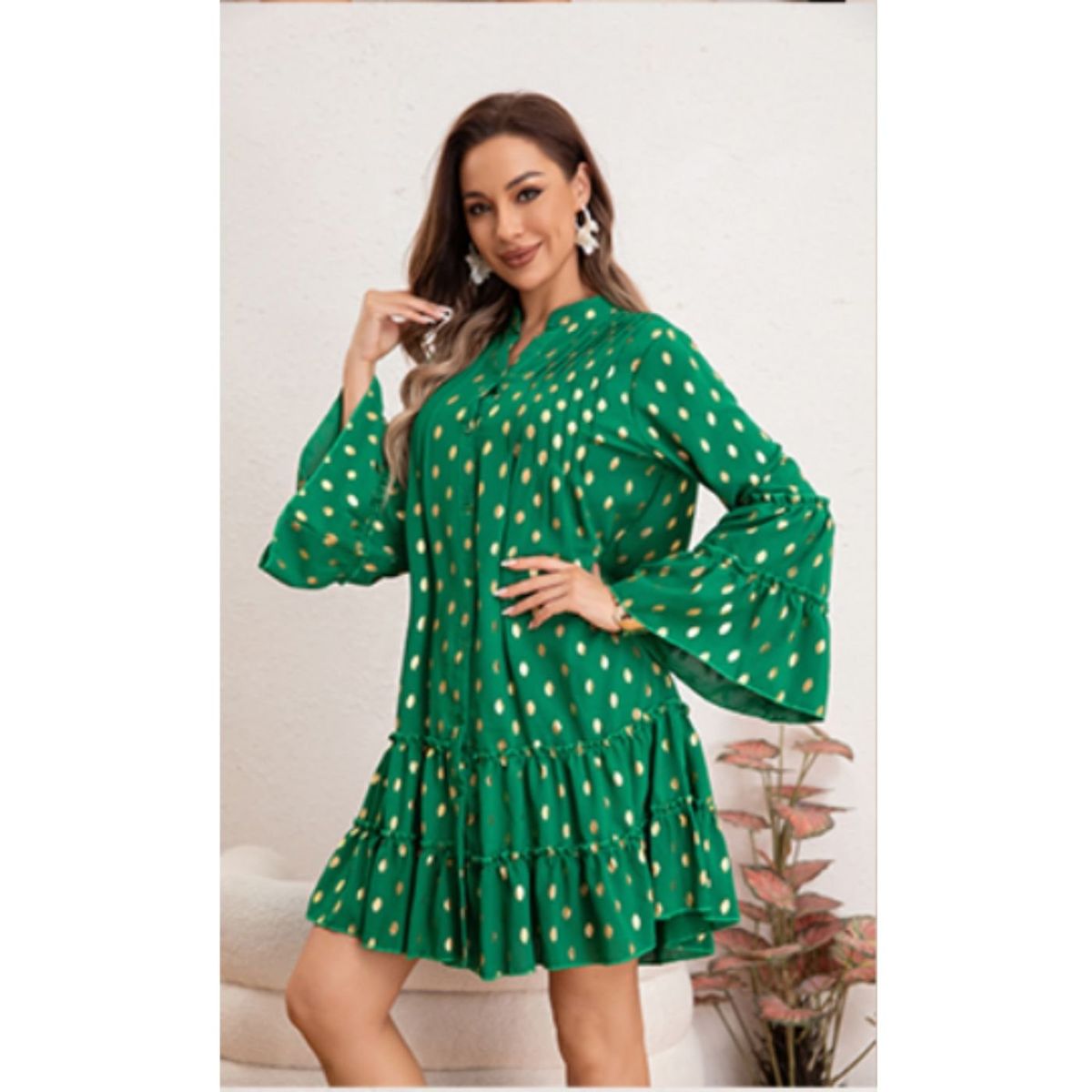 LIKE SHOP - Vestido Corto Mujer Manga Larga Ancha Diseño Puntos 0043