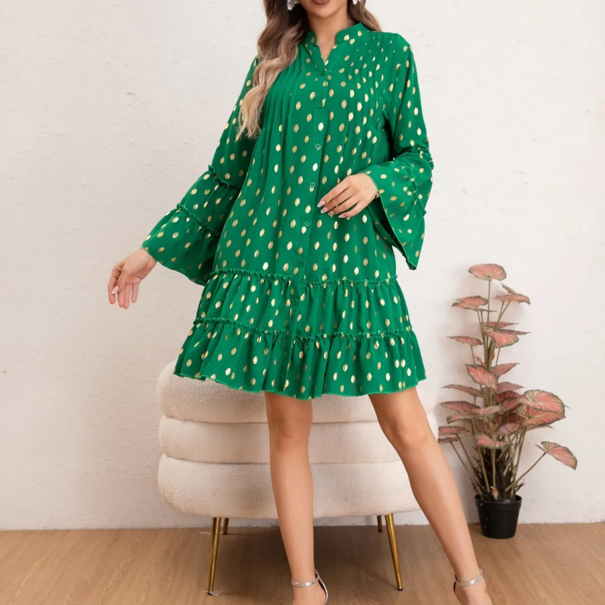 LIKE SHOP - Vestido Corto Mujer Manga Larga Ancha Diseño Puntos 0043