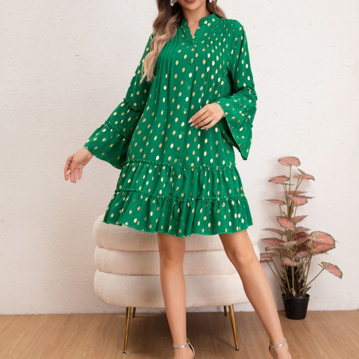 LIKE SHOP - Vestido Corto Mujer Manga Larga Ancha Diseño Puntos 0043