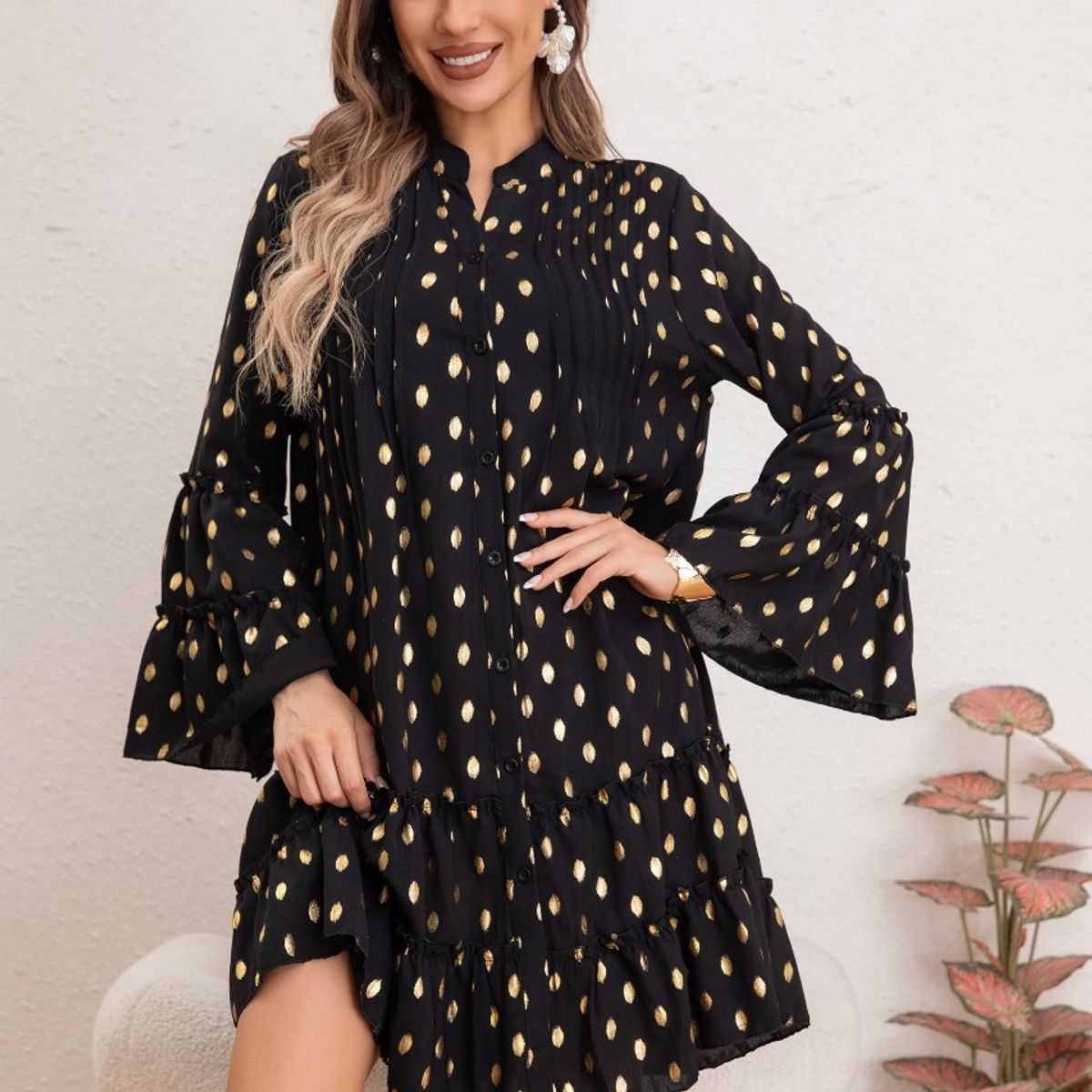 LIKE SHOP - Vestido Corto Mujer Manga Larga Ancha Diseño Puntos 0043