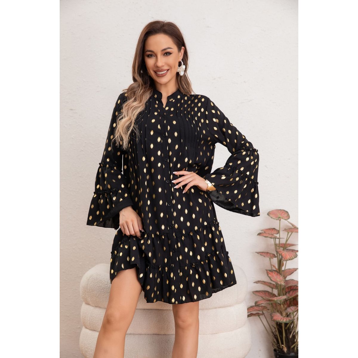 LIKE SHOP - Vestido Corto Mujer Manga Larga Ancha Diseño Puntos 0043