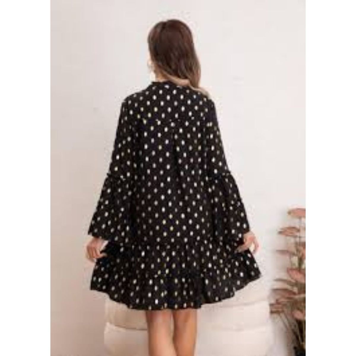 LIKE SHOP - Vestido Corto Mujer Manga Larga Ancha Diseño Puntos 0043