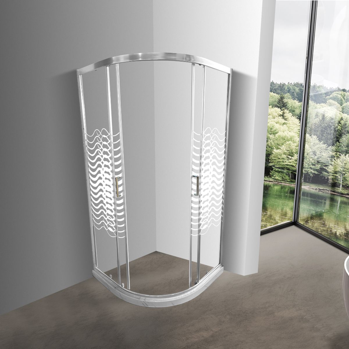 JOYTEK - Shower Curvo Barra a Piso Blanco Mármol con Líneas Curvas 90x90 cm