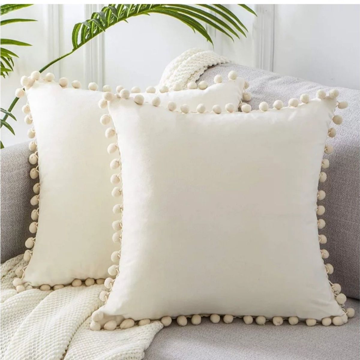 GENERICO - Fundas de cojín con pompones 45 x 45 cm -Beige ,pack dos