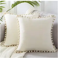 GENERICO - Fundas de cojín con pompones 45 x 45 cm -Beige ,pack dos