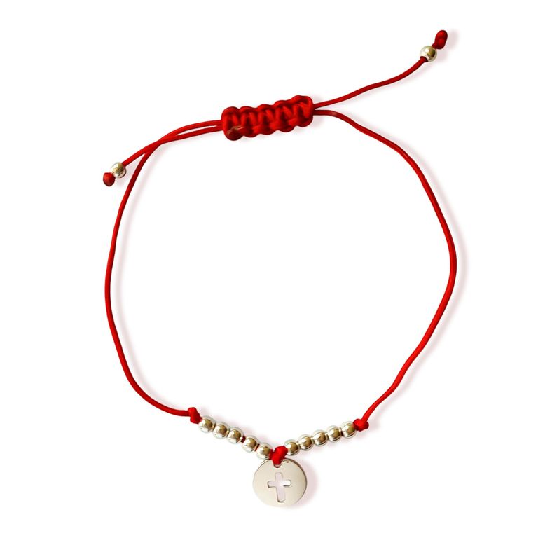 Pulsera Circulo Cruz Bolita Plata Fina 925 Cordon Rojo Rojo TALLA UNICA
