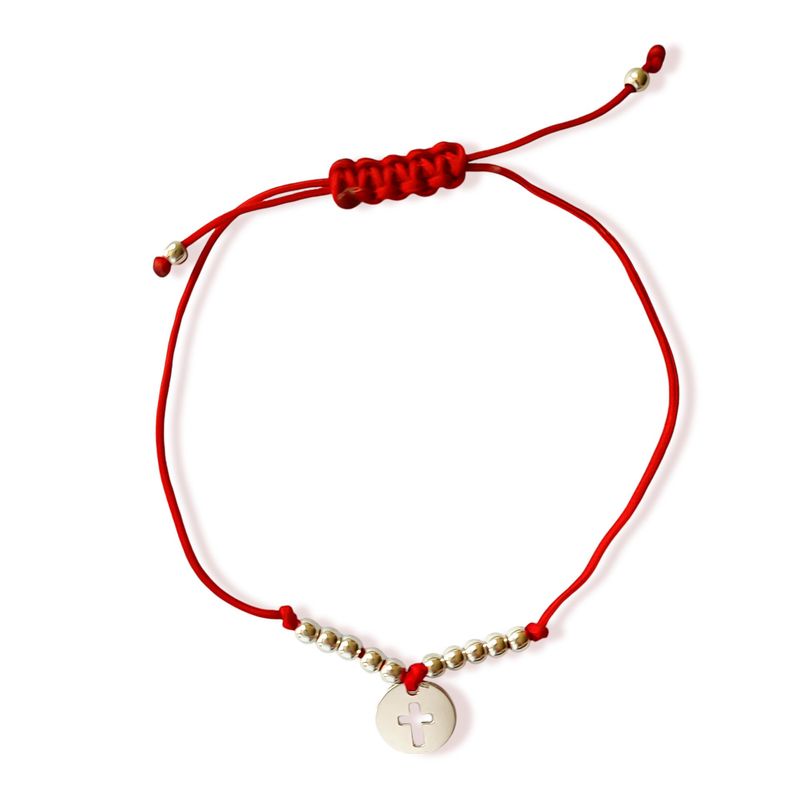 ANDREA COGGIOLA JOYAS - Pulsera Círculo Cruz Bolita Plata Fina 925 Cordón Rojo
