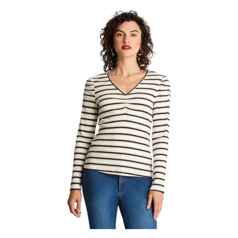 CURVI - Polera Rib Cuello Fruncido Y Mangas Recogidas Azul