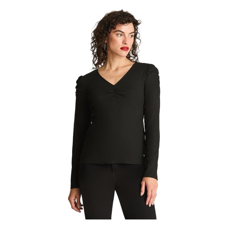 CURVI - Polera Rib Cuello Fruncido Y Mangas Recogidas Negro