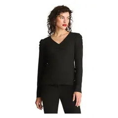 CURVI - Polera Rib Cuello Fruncido Y Mangas Recogidas Negro