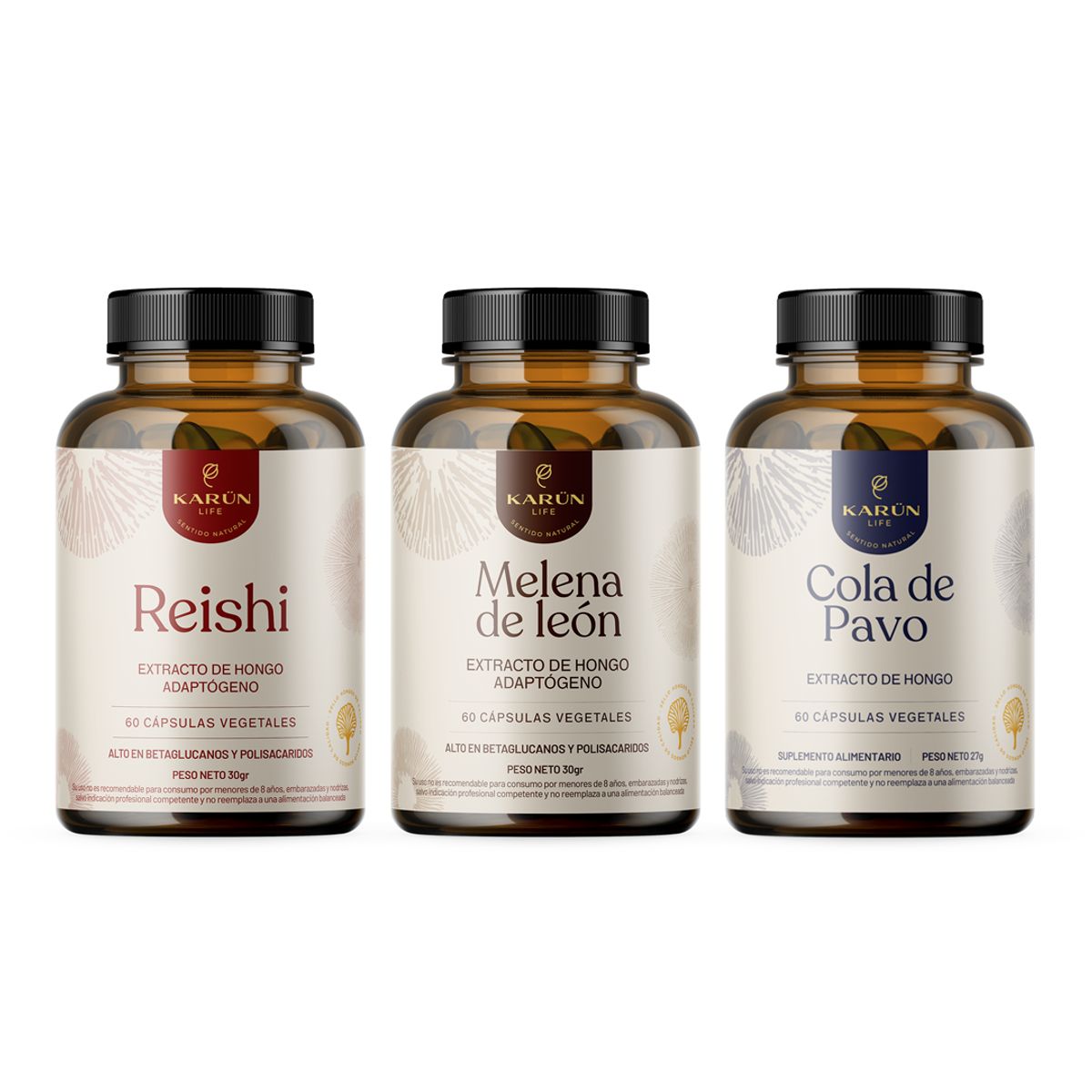 KARUNLIFE - Pack 180 Capsulas: Melena + Reishi + Cola de Pavo Karun Life