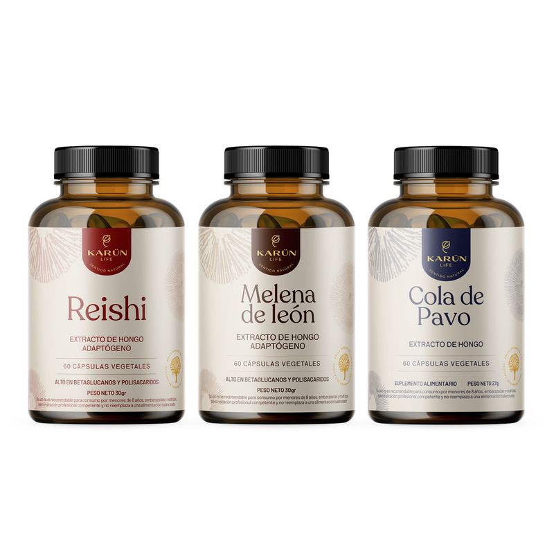 KARUNLIFE - Pack 180 Capsulas: Melena de Leon + Reishi + Cola de Pavo