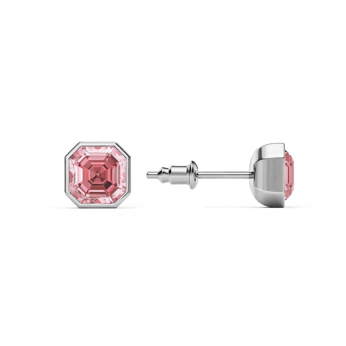 BLOOM CRYSTAL - Aros Asscher 8mm Rosa Claro en Rodio  Delicadeza Radiante