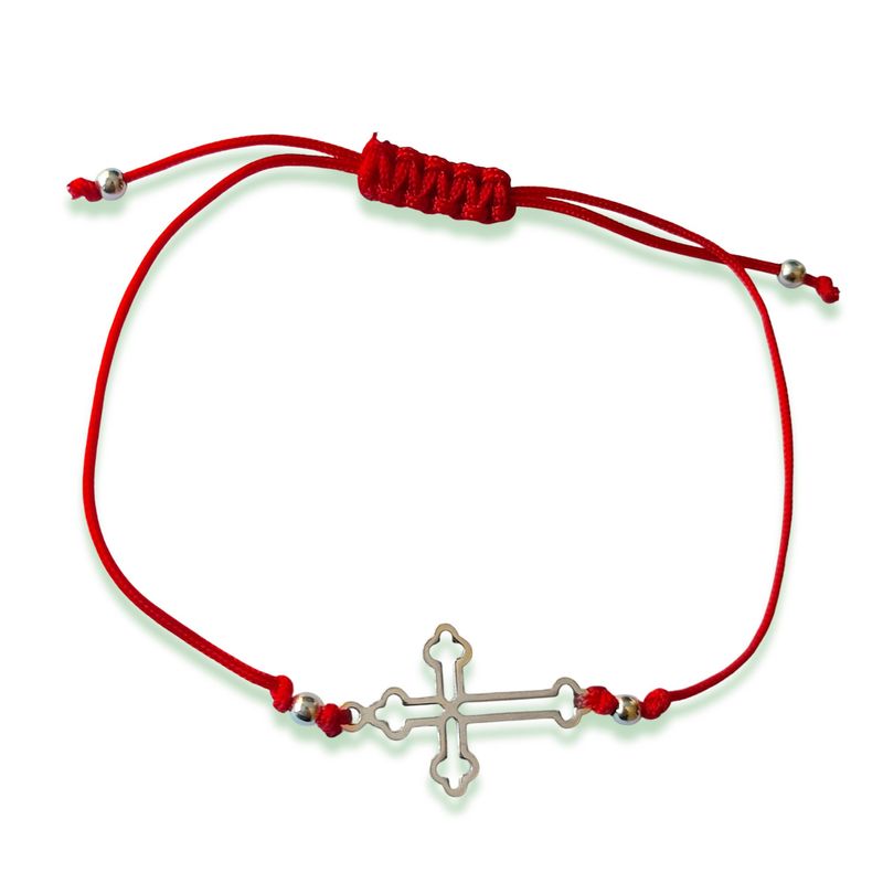 ANDREA COGGIOLA JOYAS - Pulsera Cruz Gótica Bolita Plata Fina 925 Cordón Rojo