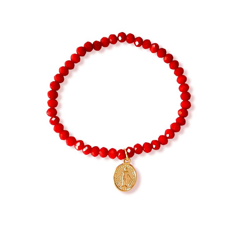 ANDREA COGGIOLA JOYAS - Pulsera Virgen De Los Rayos Cristal Rojo Enchapado Oro 18K