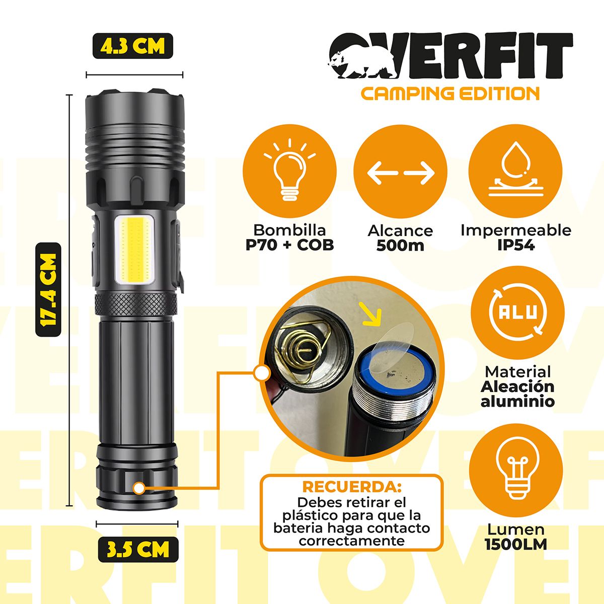 OVERFIT - Linterna Led Largo Alcance Tactica Recargable Overfit 1500LM