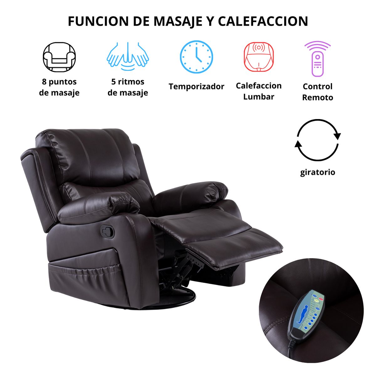 VYS SPA - BERGER RECLINABLE PRO BROWN CON VIBROMASAJE  8 PUNTOS + CONTROL REMOTO + CALEFACCION + MECEDOR