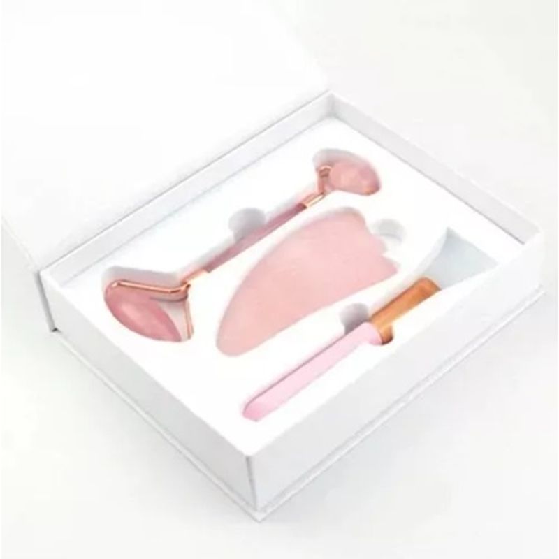 GENERICO - Kit Rodillo Facial Cuarzo Rosa Rejuvenecimiento Jade