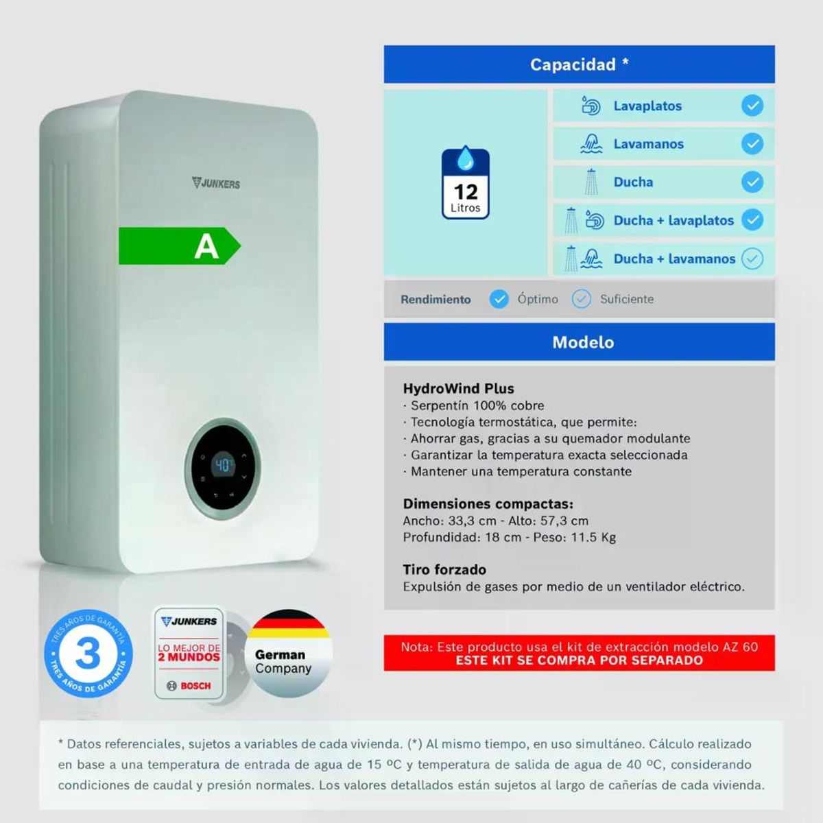 JUNKERS - CALEFON JUNKER GAS NATURAL 12 LITROS TIRO FORZADO WTDE12-KME 23