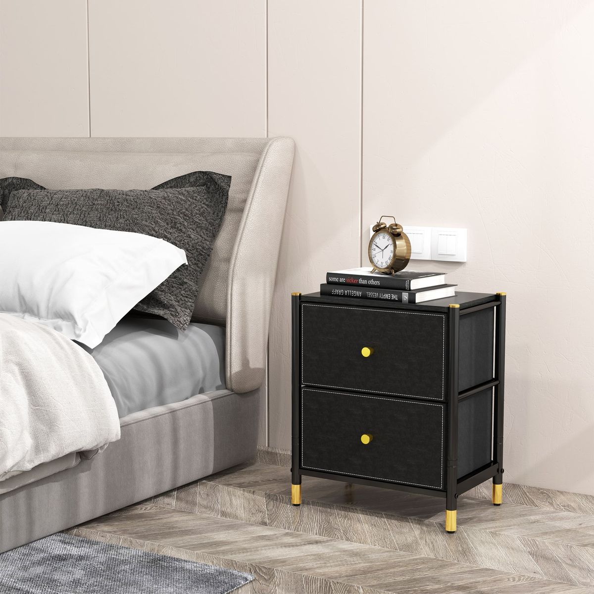 GENERICO - Velador Cajonera 2 Cajones Metal Eco Cuero Negro