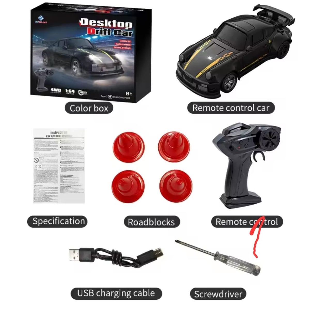 DRIFT - Auto Mini Drift deportivo carrera 911 escala 1:64 Negro.