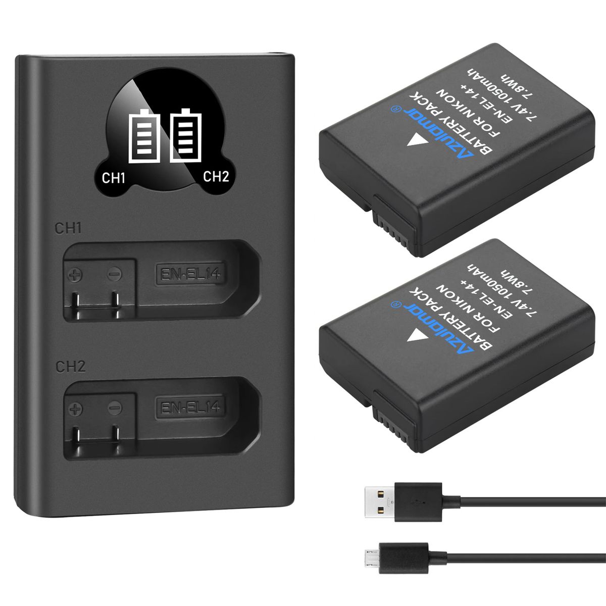 AZULAMAR - En-el14 2x Batería + Cargador P Nikon D5500 D5400 D5300 D3300 D3200