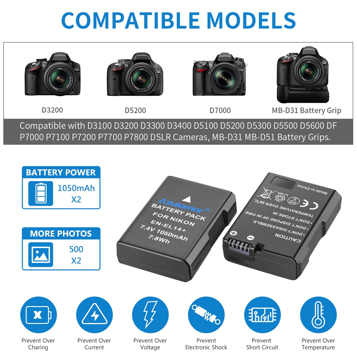 AZULAMAR - En-el14 2x Batería + Cargador P Nikon D5500 D5400 D5300 D3300 D3200