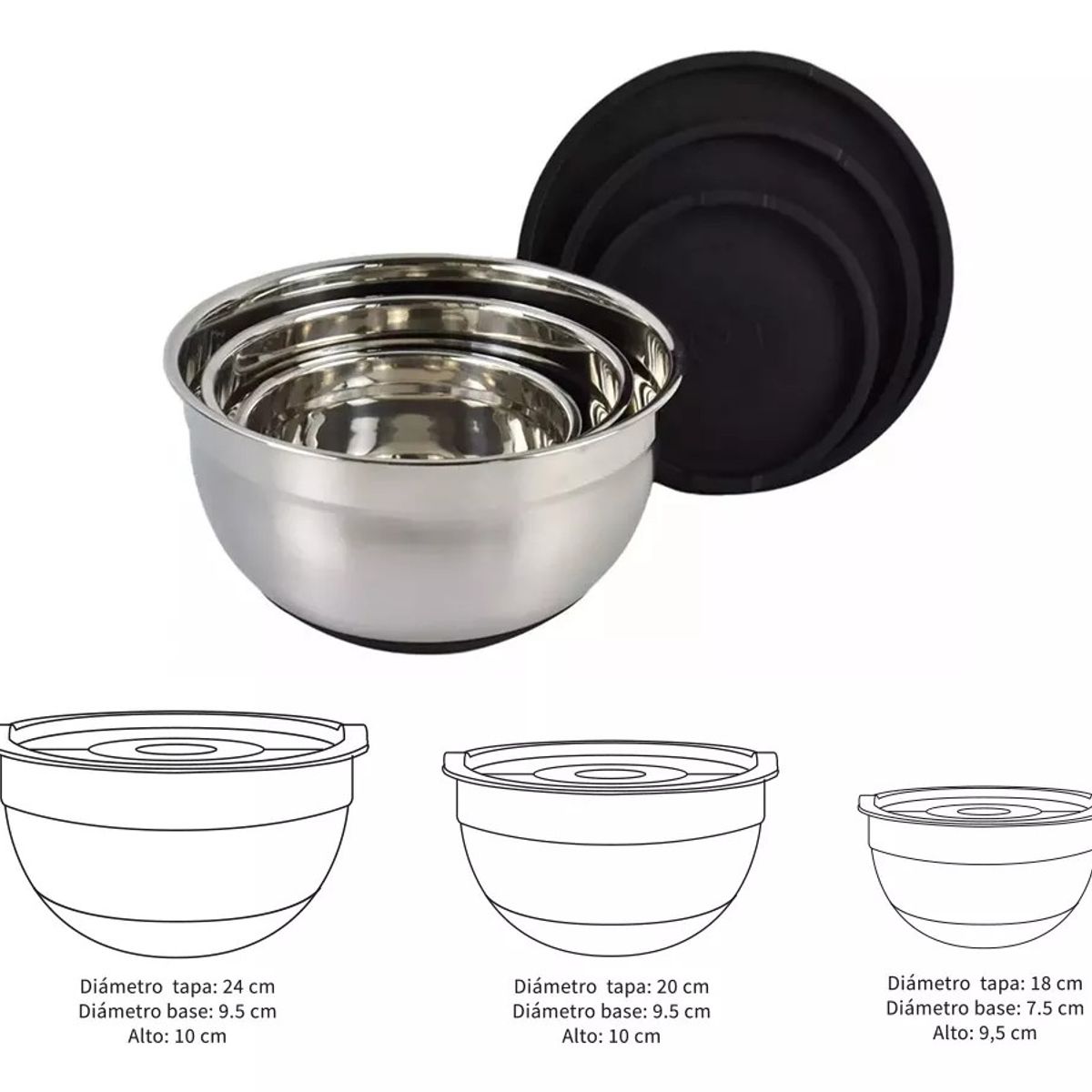 KUANGYE - Set 3 Bowls Con Tapa Acero Inoxidable Antideslizante