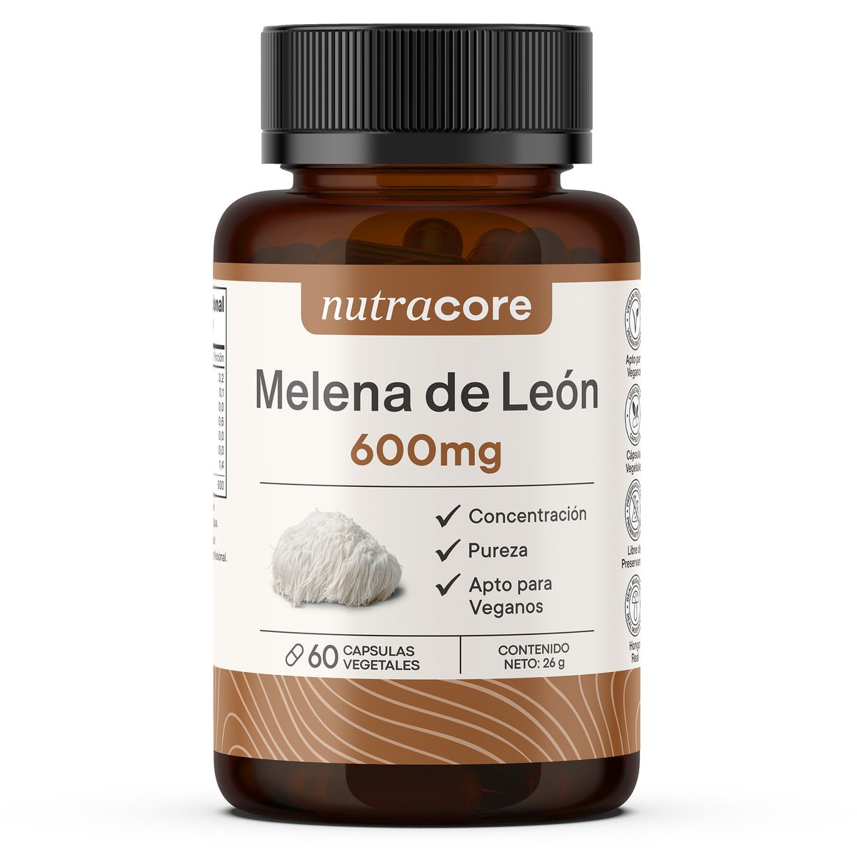 NUTRACORE - Melena de Leon Natural 600mg - 60 Capsulas Vegetales - NutraCore