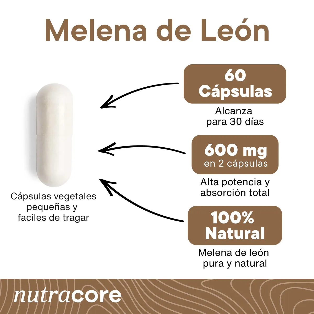 NUTRACORE - Melena de Leon Natural 600mg - 60 Capsulas Vegetales - NutraCore
