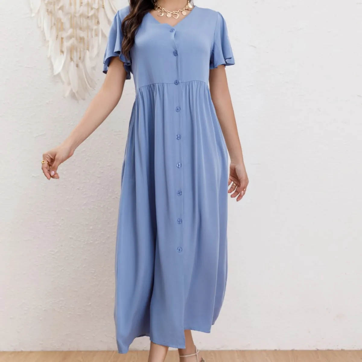 GENERICO - Vestido Largo Mujer Manga Corta Primavera Botones Cuello V 3340