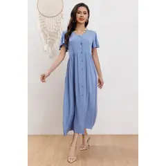 GENERICO - Vestido Largo Mujer Manga Corta Primavera Botones Cuello V 3340