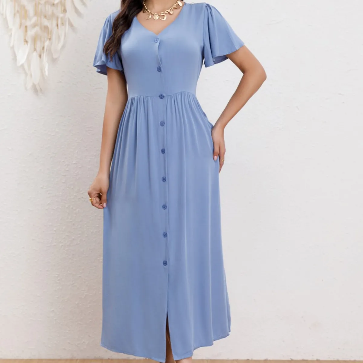 GENERICO - Vestido Largo Mujer Manga Corta Primavera Botones Cuello V 3340