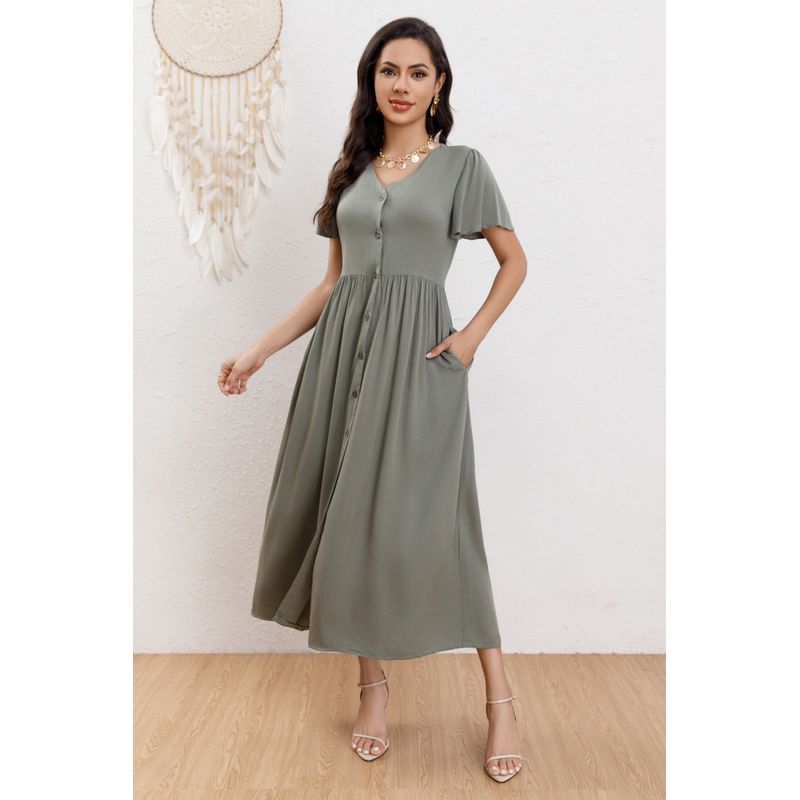 MPROPIA - Vestido Largo Mujer Manga Corta Primavera Botones Cuello V 3340