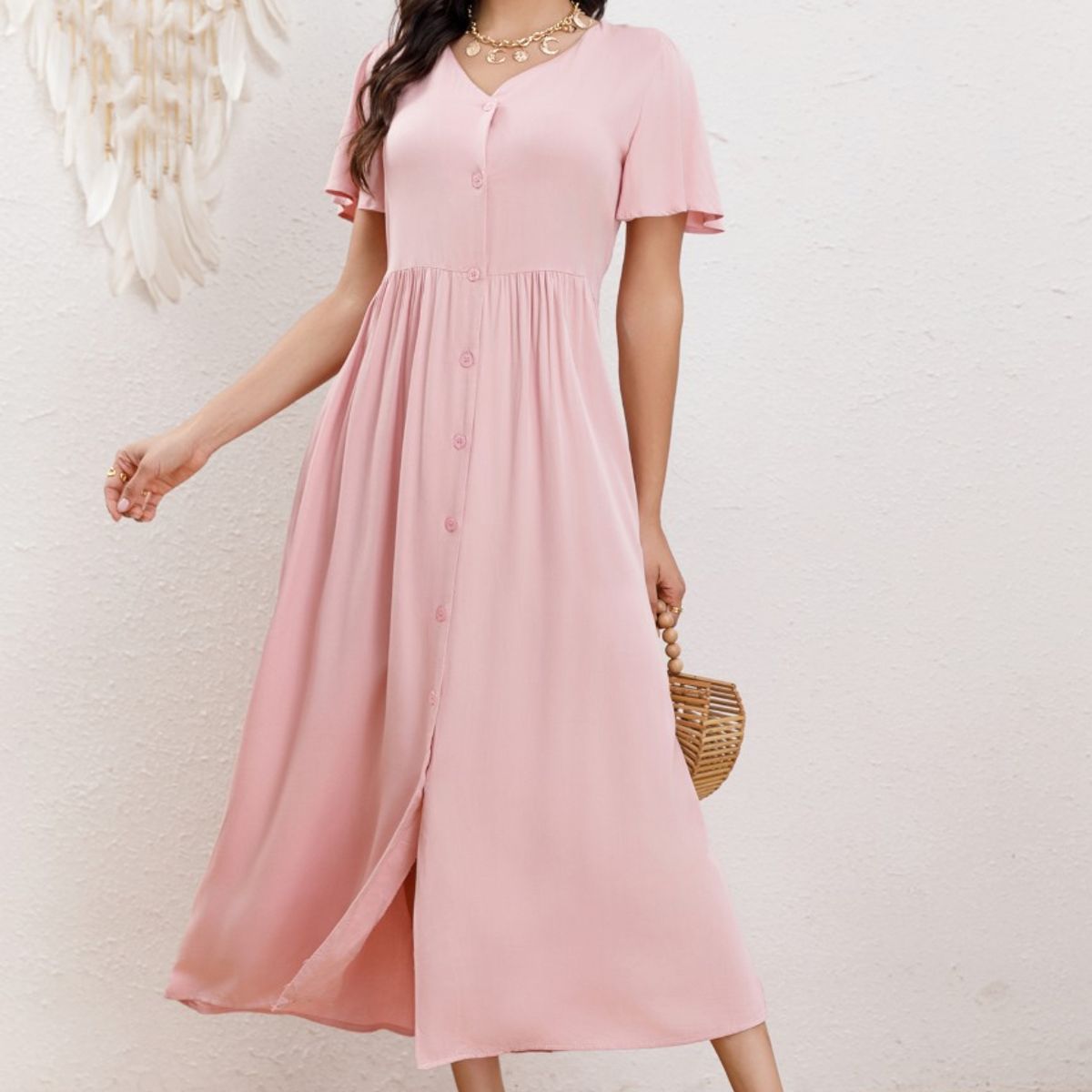 GENERICO - Vestido Largo Mujer Manga Corta Primavera Botones Cuello V 3340