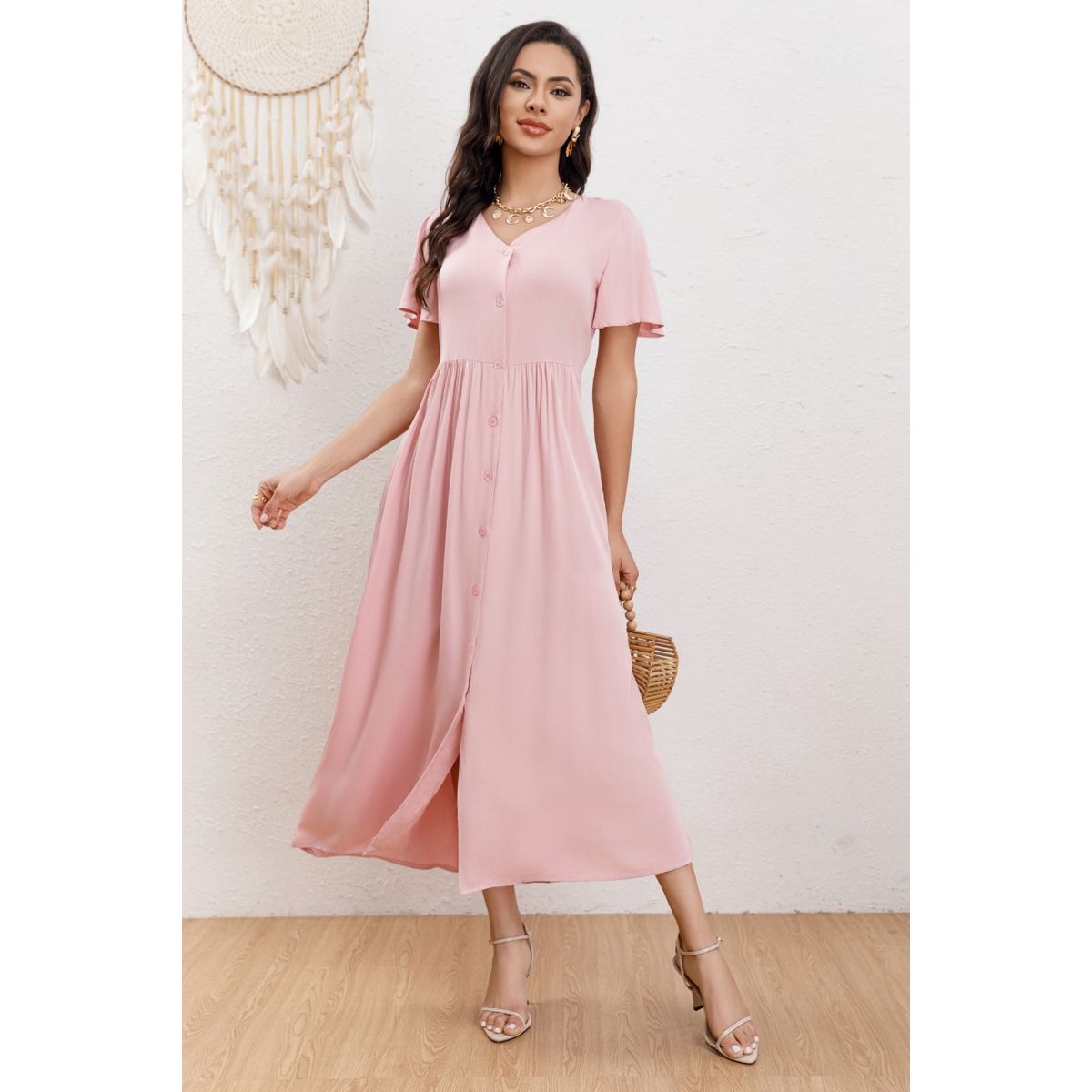 GENERICO - Vestido Largo Mujer Manga Corta Primavera Botones Cuello V 3340