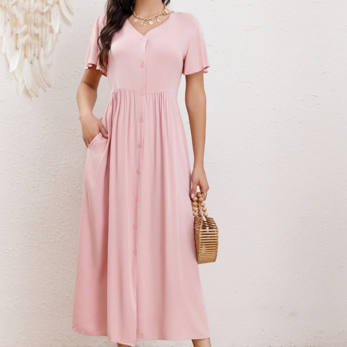 GENERICO - Vestido Largo Mujer Manga Corta Primavera Botones Cuello V 3340