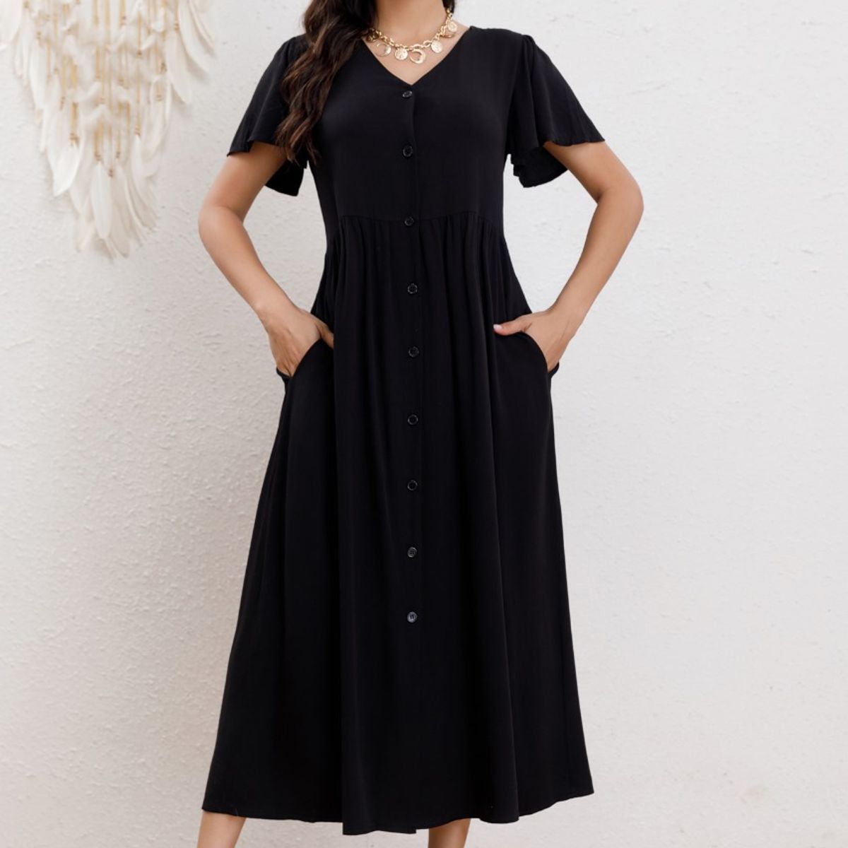 GENERICO - Vestido Largo Mujer Manga Corta Primavera Botones Cuello V 3340