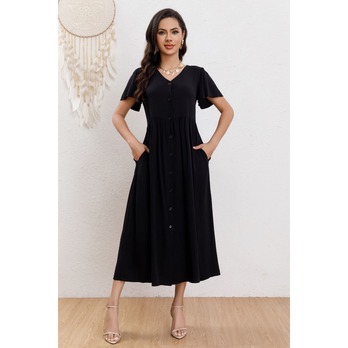 GENERICO - Vestido Largo Mujer Manga Corta Primavera Botones Cuello V 3340