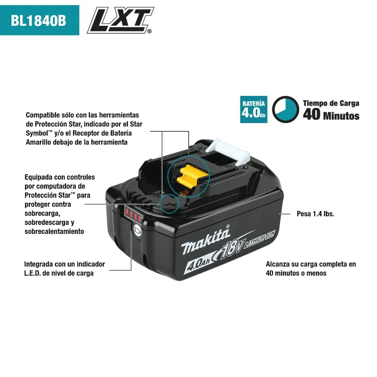 BATERIA MAKITA BL1840B 18V 40AH LI-ION SIN CAJA, marca MAKITA - Foto 2