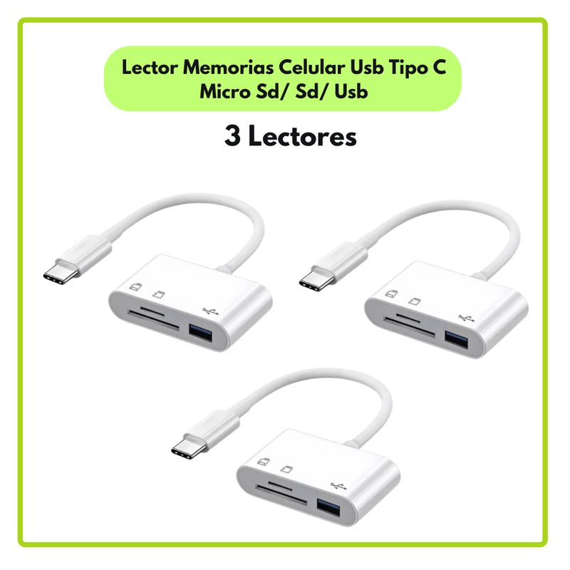 GENERICO - Lector Memorias Celular Usb Tipo C Micro Sd Usb Pack de 3