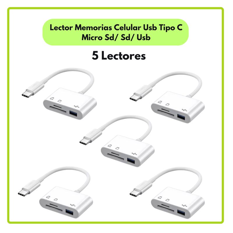 GENERICO - Lector Memorias Celular Usb Tipo C Micro Sd Usb Pack de 5