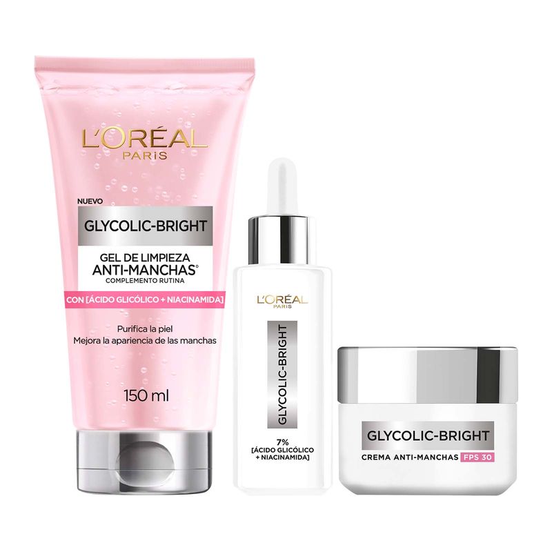 LOREAL PARIS - Pack Rutina Ácido Glicólico Gel Limpieza + Serum + Crema Dia
