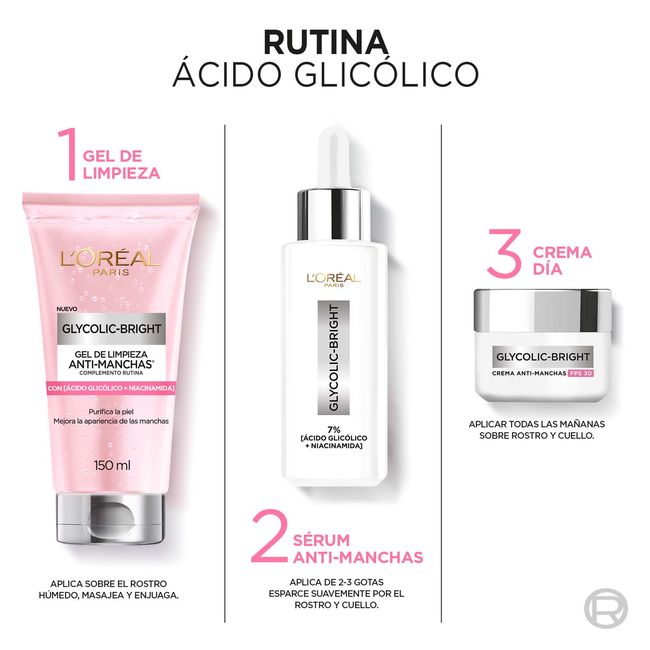 LOREAL PARIS - Pack Rutina Ácido Glicólico Gel Limpieza + Serum + Crema Dia