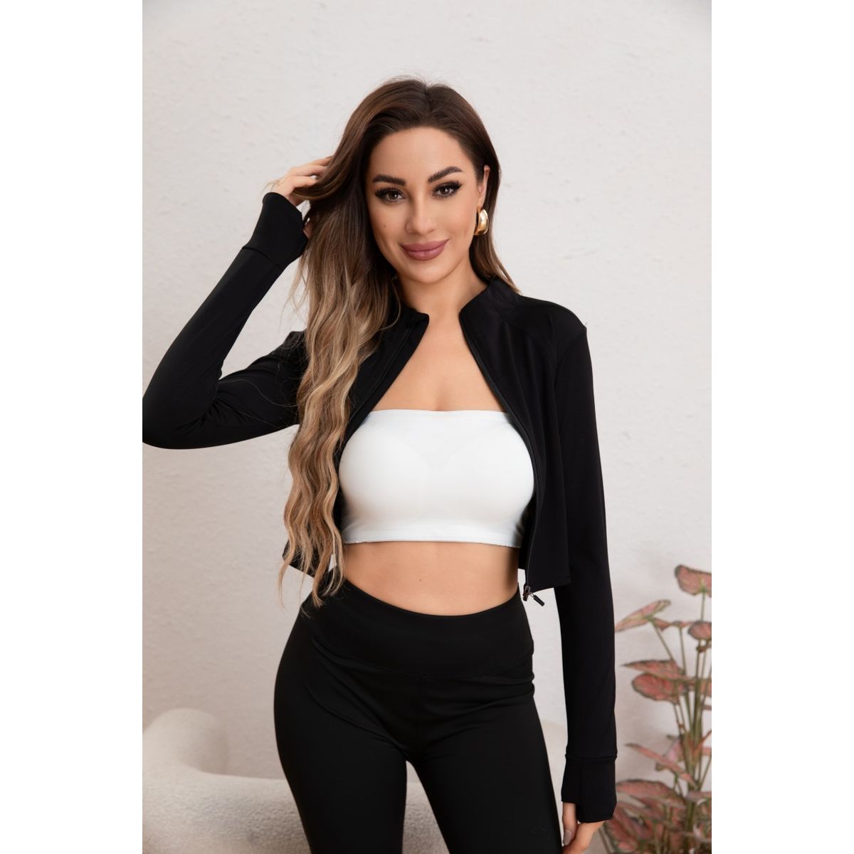 LIKE SHOP - Poleron Deportivo Mujer Corto Elasticado Corte Entallado Cierre 7016