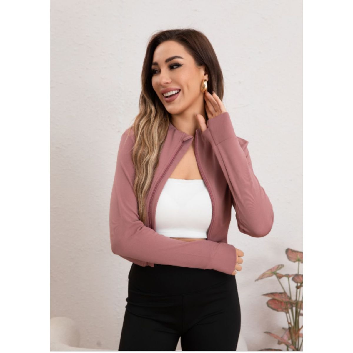 LIKE SHOP - Poleron Deportivo Mujer Corto Elasticado Corte Entallado Cierre 7016
